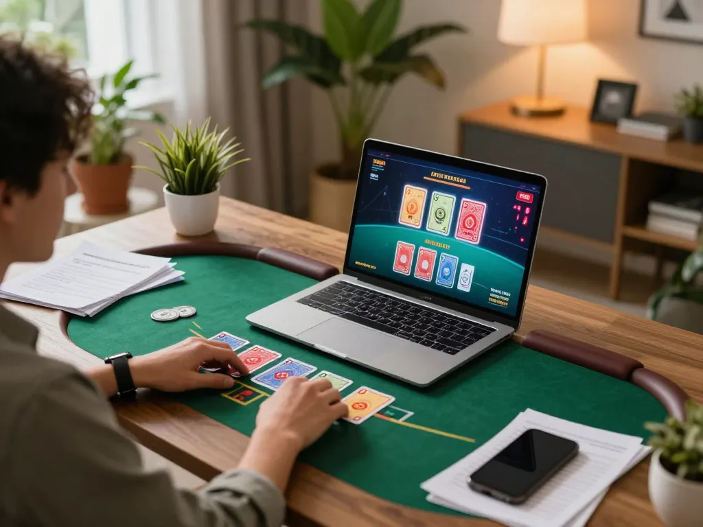 Player engaging in a live dealer game featuring TT88, tracking strategies while betting online in a cozy home office