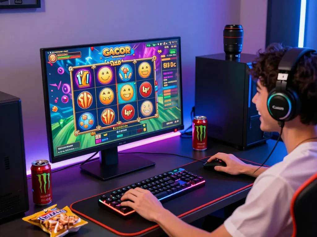 Pemain game yang menarik sedang memainkan slot gacor secara online di pengaturan permainan rumah yang cerah dengan grafik dinamis.