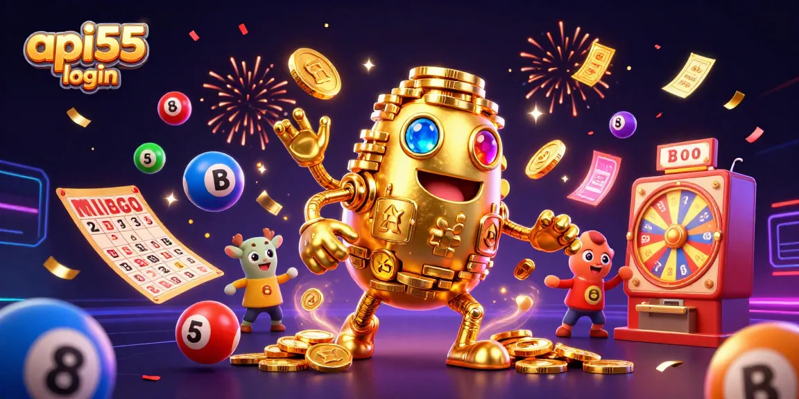Experience the excitement of api55 login with a vibrant casino illustration featuring a golden golem, lottery balls, and sparkling effects.