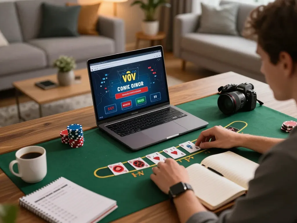 Engaging in a live casino game on JUN88 with strategic notes and cozy home atmosphere