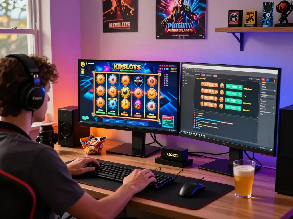 Engaged gamer on KDSLOTS platform enjoying colorful slots and dynamic atmosphere
