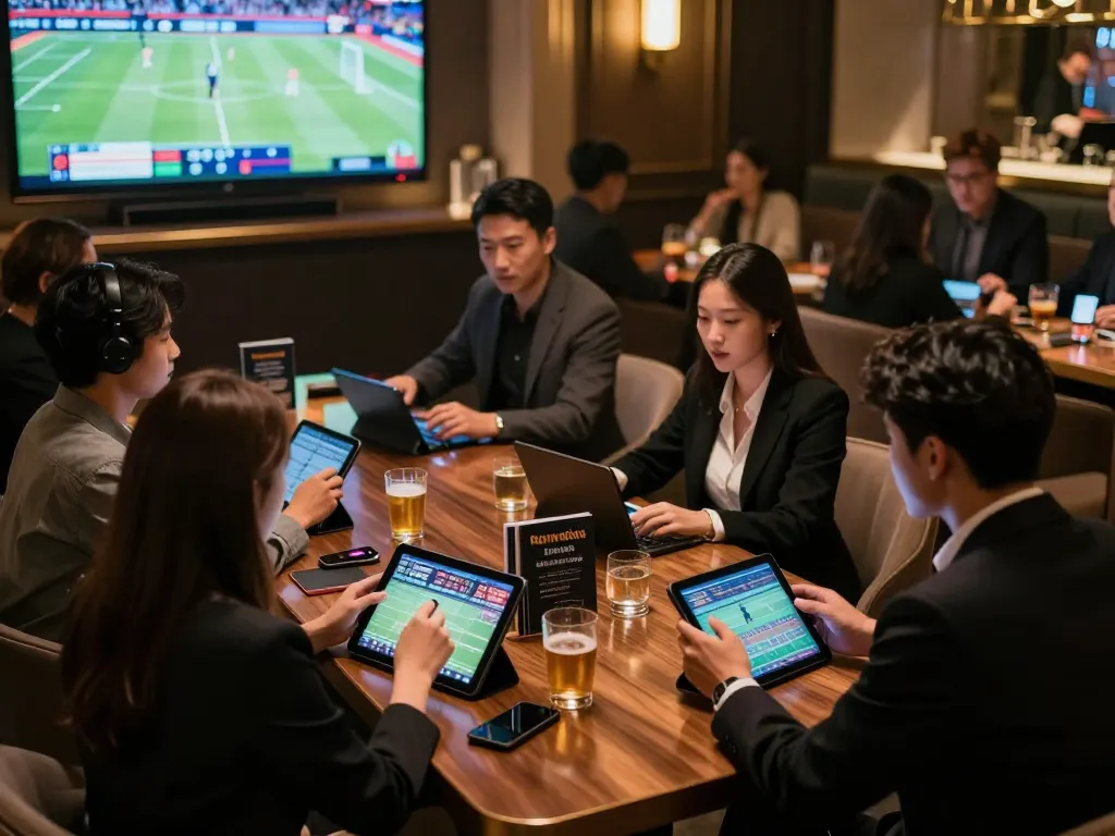 F168 sports betting scene with excited players analyzing odds at an upscale lounge.