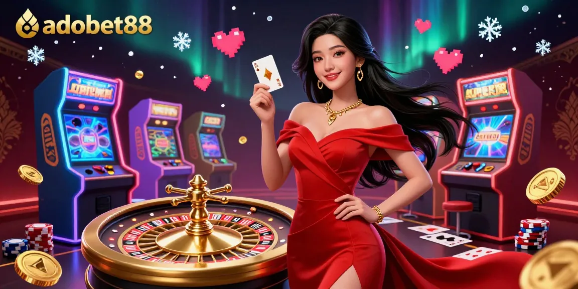 Experience thrilling wins at Adobet88 with a stunning casino promotional illustration featuring vibrant game elements.