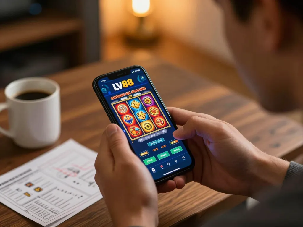 Engage with LV88 casino app showcasing lively slots gameplay on smartphone in a cozy home setting.