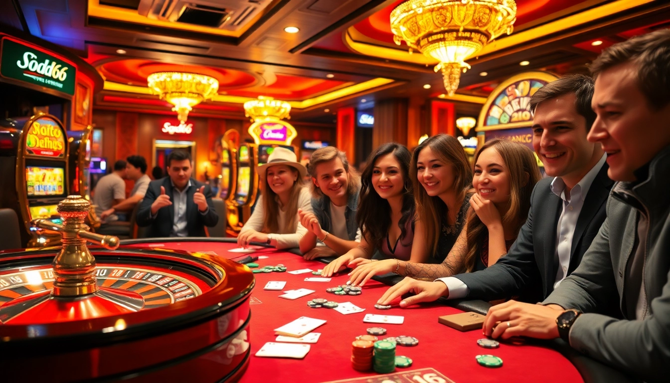 Experience thrilling gameplay with SODO66 at a luxurious casino featuring vibrant tables and slot machines.