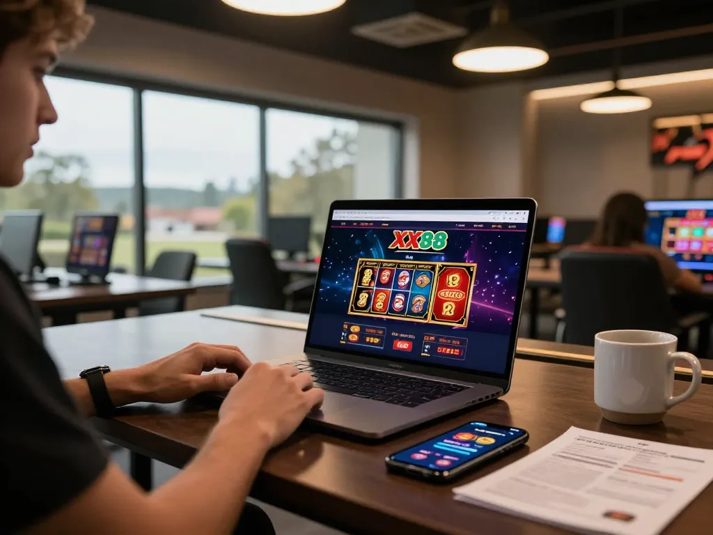 Player engaging with XX88 online casino on laptop, vibrant gaming interface in a cozy, modern setup.