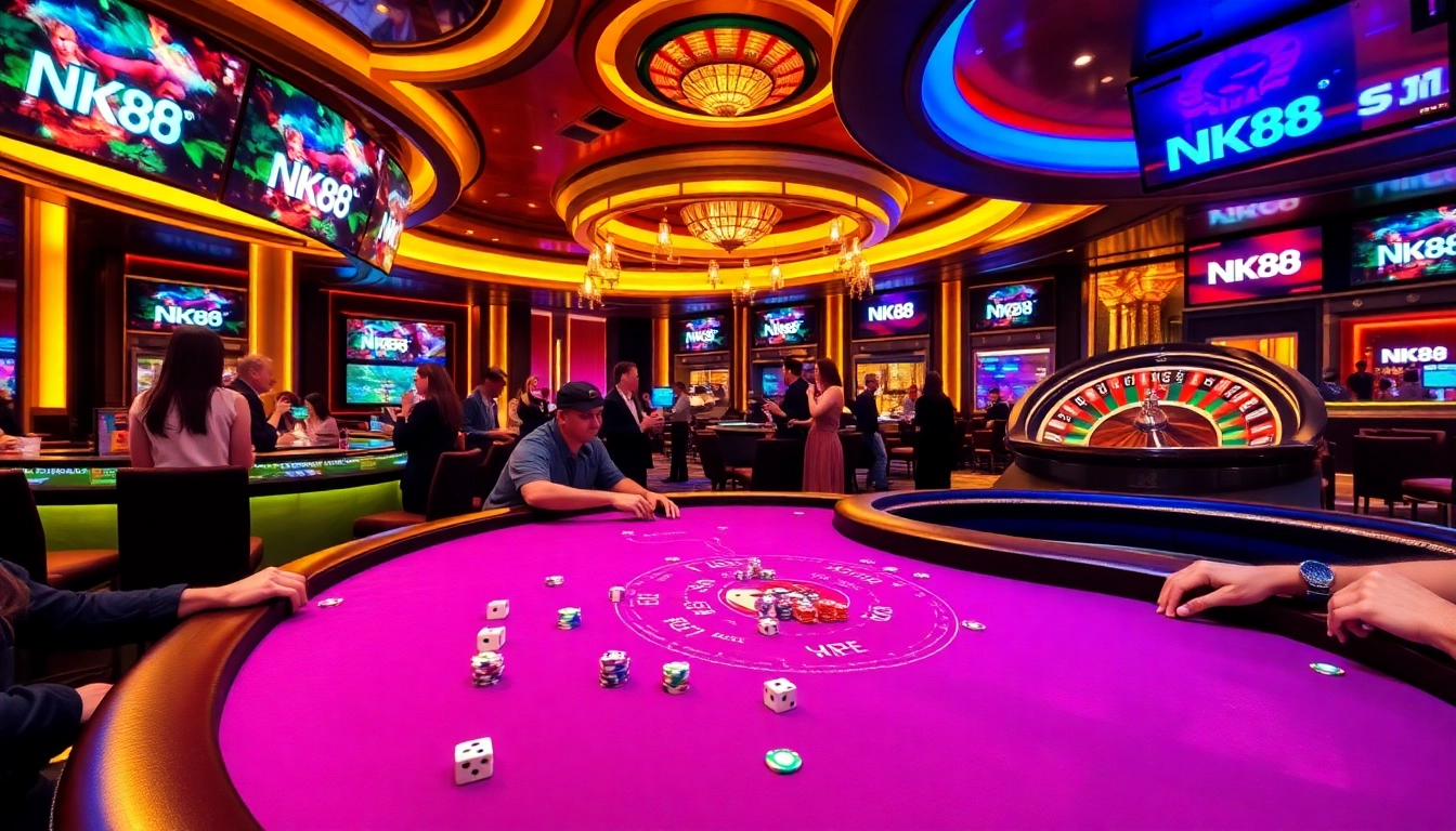 Bet on NK88 at a luxurious casino table with poker chips and a spinning roulette wheel.