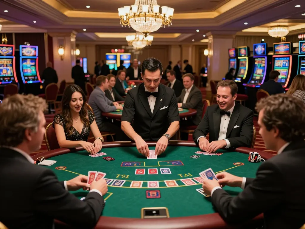 Players enjoying games at SV88 casino, vibrant atmosphere with poker tables and dealers engaging