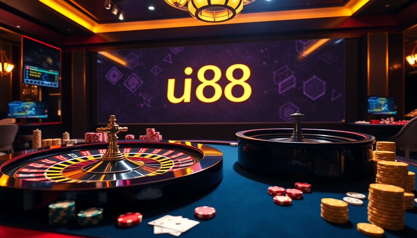 Intense poker action at a luxurious uu88 casino gaming table featuring chips and cards.