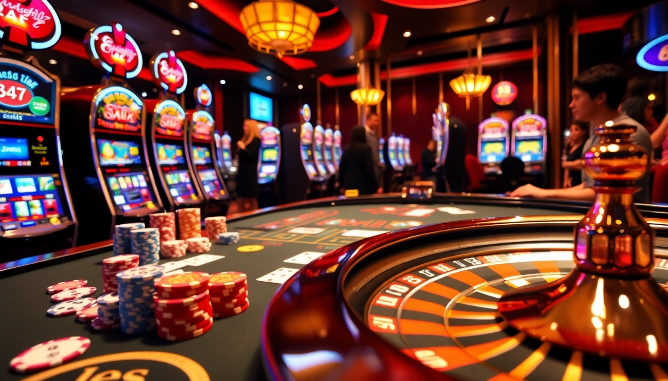 Action-packed hb88 casino scene featuring vibrant poker chips and roulette wheel.