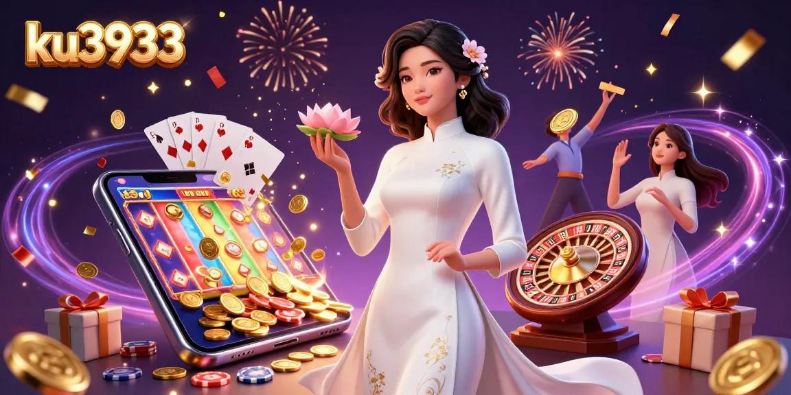 Engage in captivating gaming experiences with ku3933, featuring a vibrant 3D scene illustrating a traditional Vietnamese character amidst exciting casino elements.