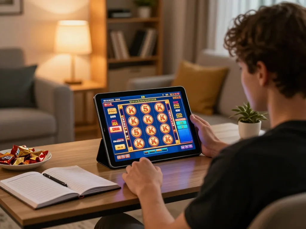 Person enjoying a slot 5k online game at home with cozy setup and strategy notes