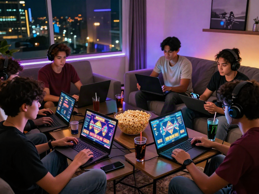 Friends enjoying a lively slot gacor gaming session in a vibrant living room with snacks and devices.