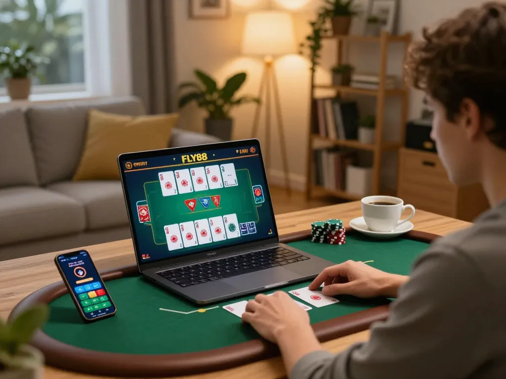 Engaged player enjoying online poker digitally at FLY88 from a cozy home setup.