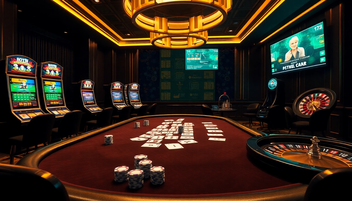 Experience the excitement of gambling at 789win with vibrant casino elements like poker tables and slot machines.