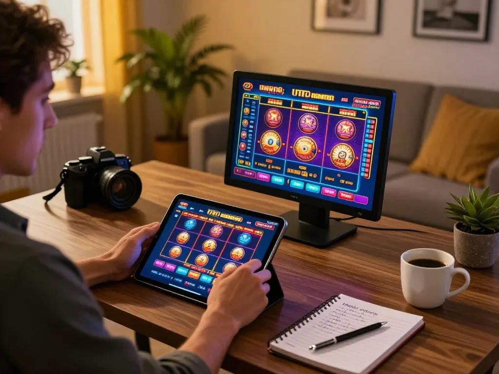 Player engaging in slots gameplay at 98win on a tablet, surrounded by notes in a cozy, well-lit setting
