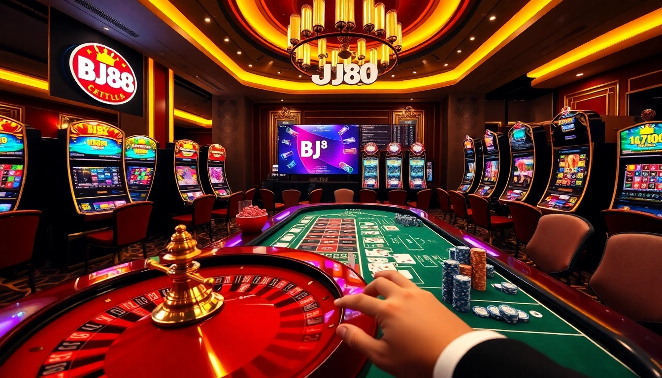 Experience the thrill of gambling at BJ88 with vibrant casino visuals featuring roulette, poker, and slot games.