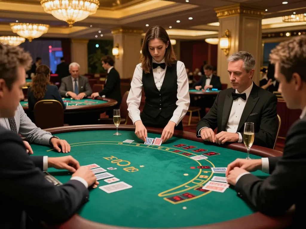 dash88 spotlight on engaging blackjack game with players and dealer in luxury casino setting