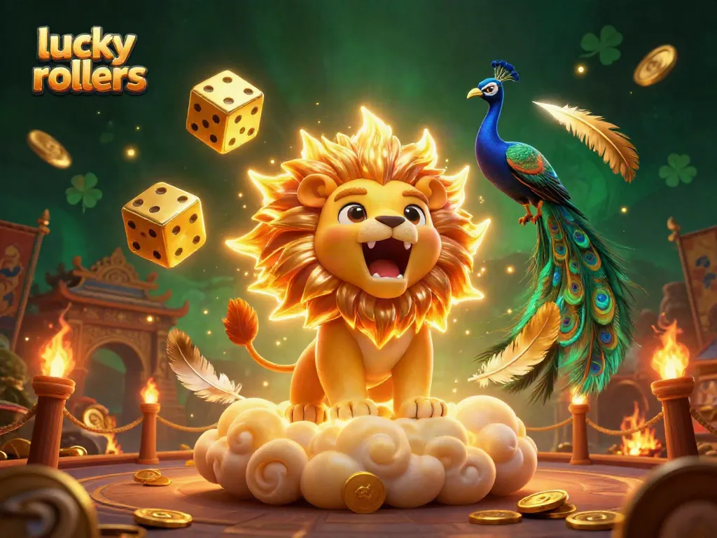 Experience the thrill of lucky rollers at this vibrant crypto casino with golden dice and a roaring sun lion.