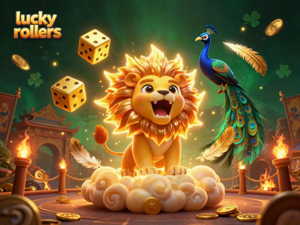 Experience the thrill of lucky rollers at this vibrant crypto casino with golden dice and a roaring sun lion.