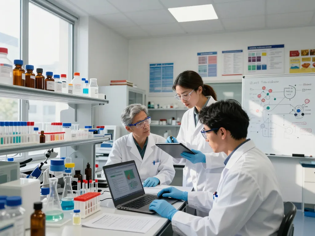 Researchers collaborating on mb66 antiviral research in laboratory.