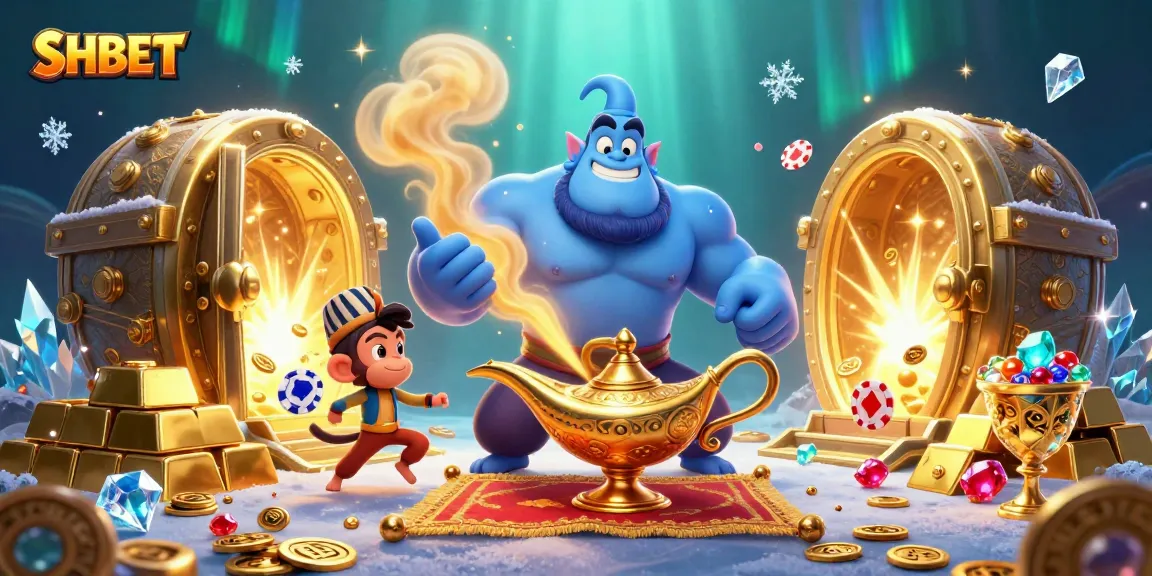 Experience the excitement of SHBET with a genie and a magic carpet in a vibrant casino scene.