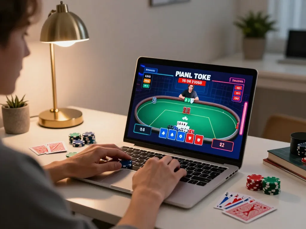 Engaging home gaming setup featuring gg88 poker game on laptop with chips and cards visible.