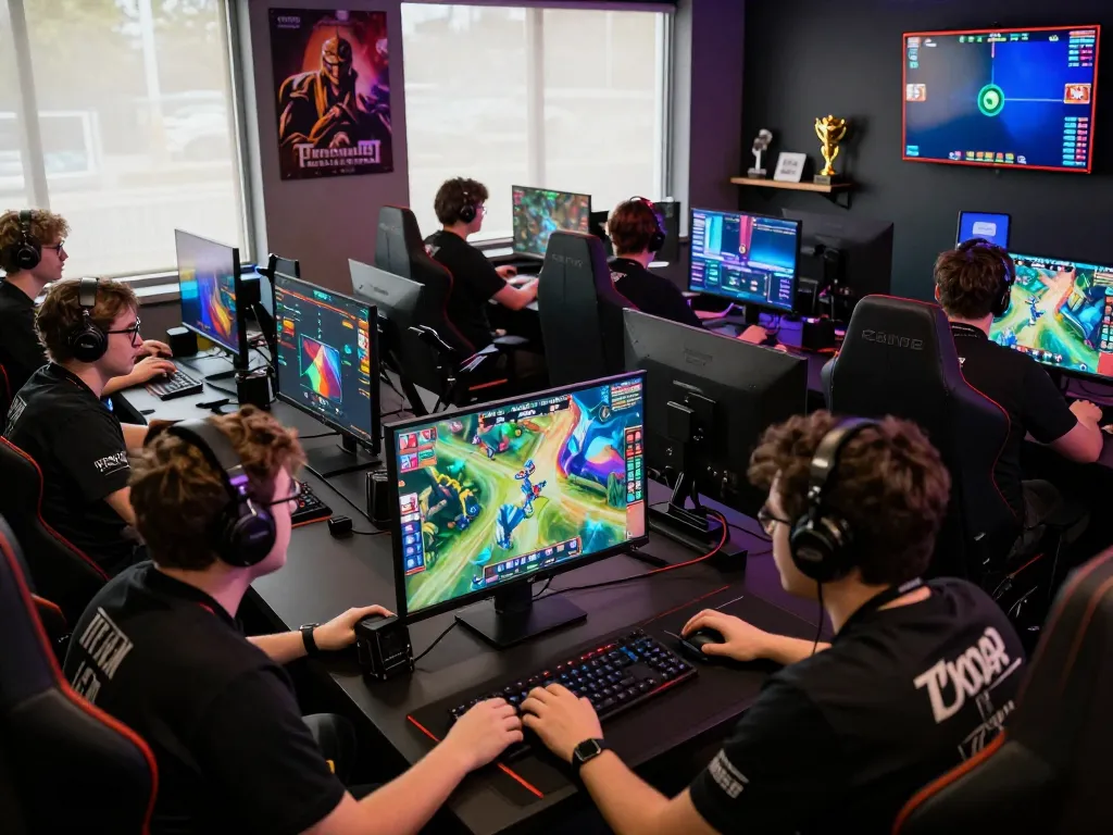 Dota 2 betting experience in an esports lounge with engaged players and vibrant atmosphere.
