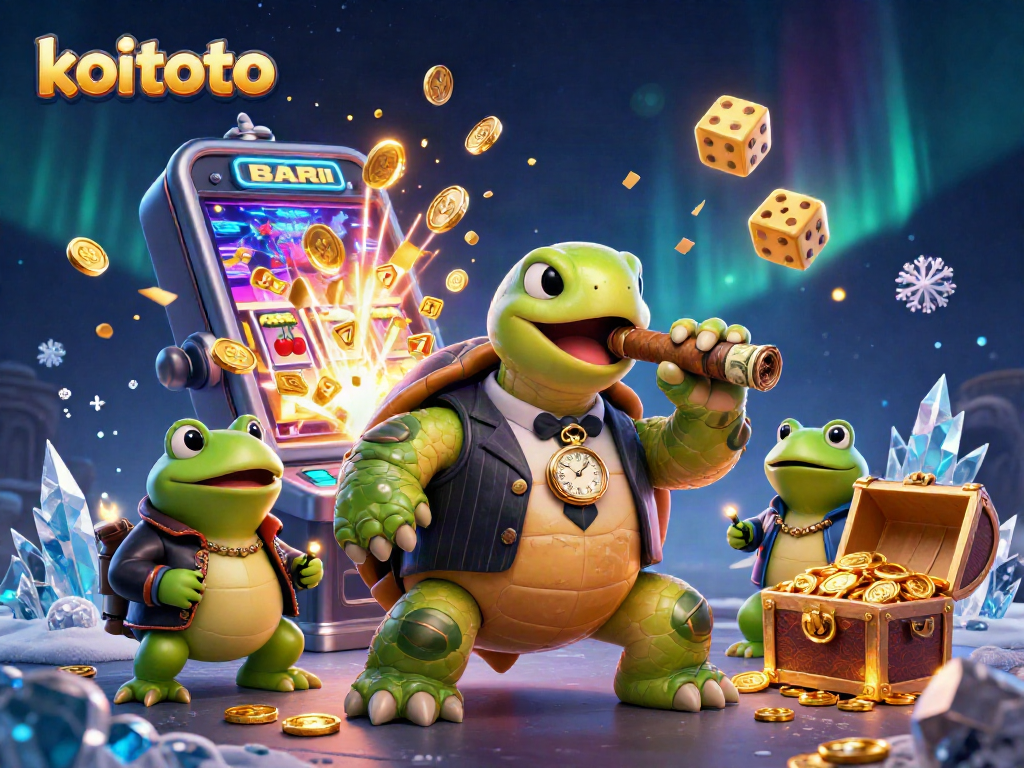 Koitoto showcases a vibrant 3D casino scene with a snapping turtle in a mobster suit surrounded by gaming symbols.