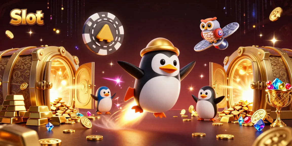 Spin Slots with thrilling golden penguin and casino delights in this exciting illustration