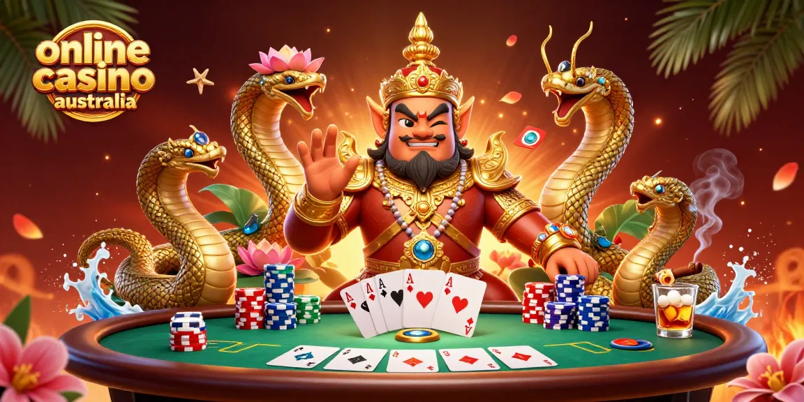 Engage in vibrant action with an online casino australia scene, showcasing a dynamic poker table surrounded by lively characters.