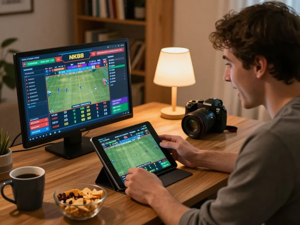Player engaged in sports betting at NK88, analyzing live odds and matches on tablet.