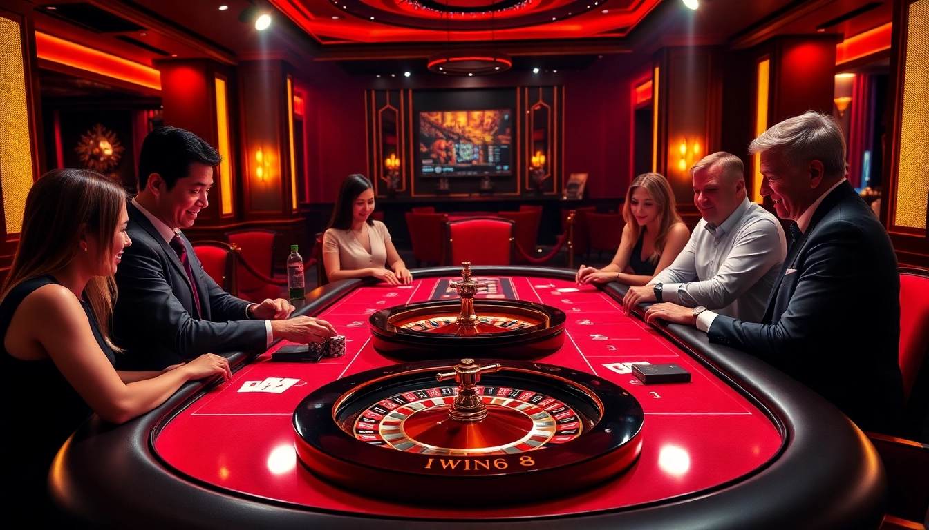 IWIN68 players enjoying an engaging poker game at a luxury casino table with vibrant atmosphere.