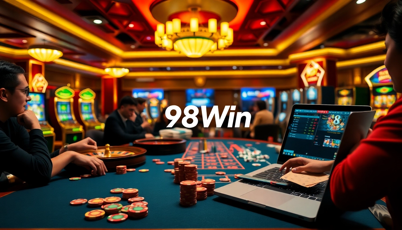 Experience thrilling gameplay at 98Win with vibrant poker and slot machines in a luxurious casino setting.