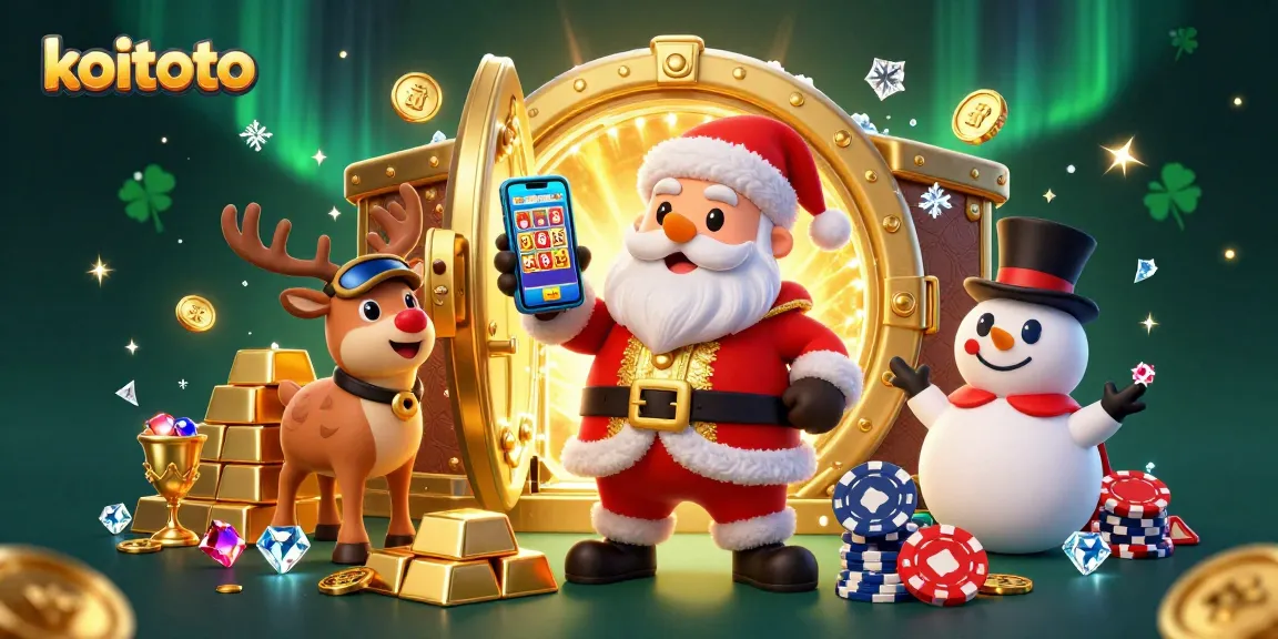 Koitoto brings excitement with a festive Santa and companions celebrating big jackpots in a vibrant casino scene.