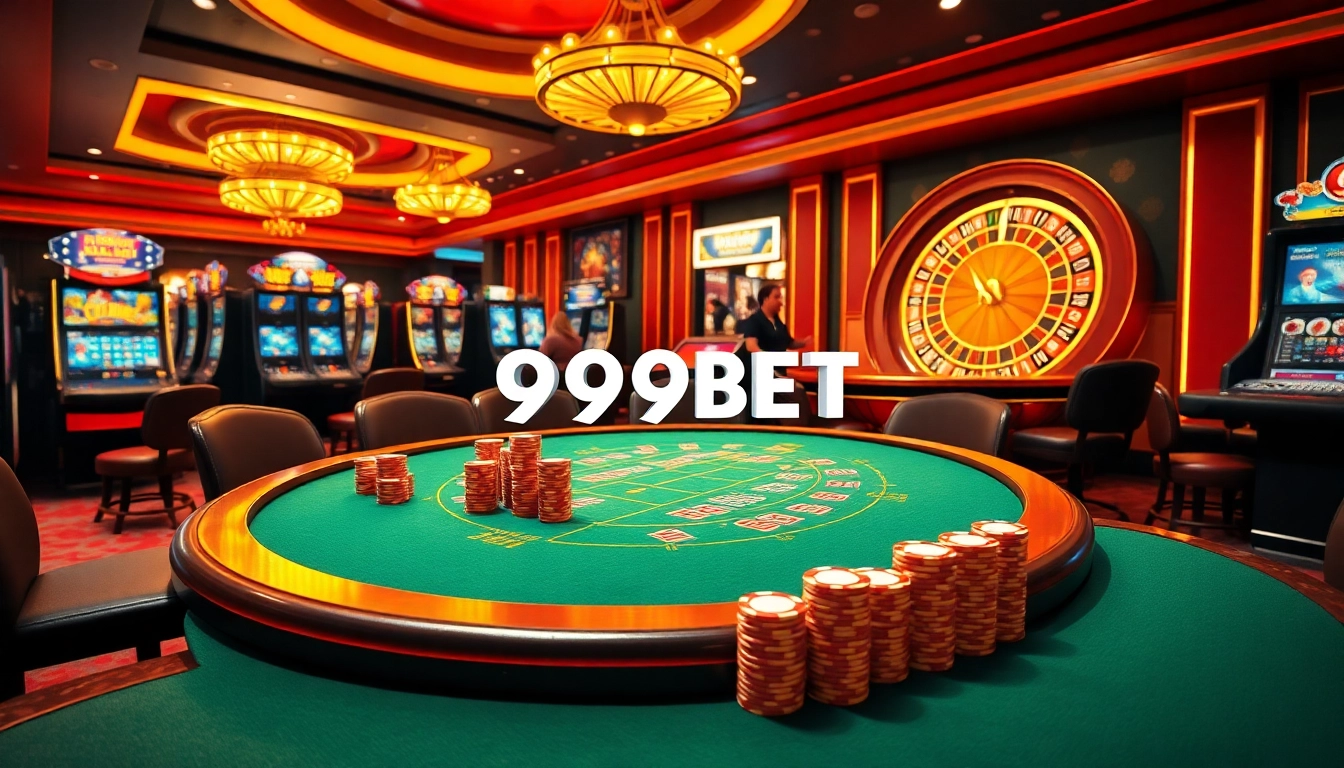 Experience thrilling action at 999BET's luxurious casino with vibrant slot machines and poker games.