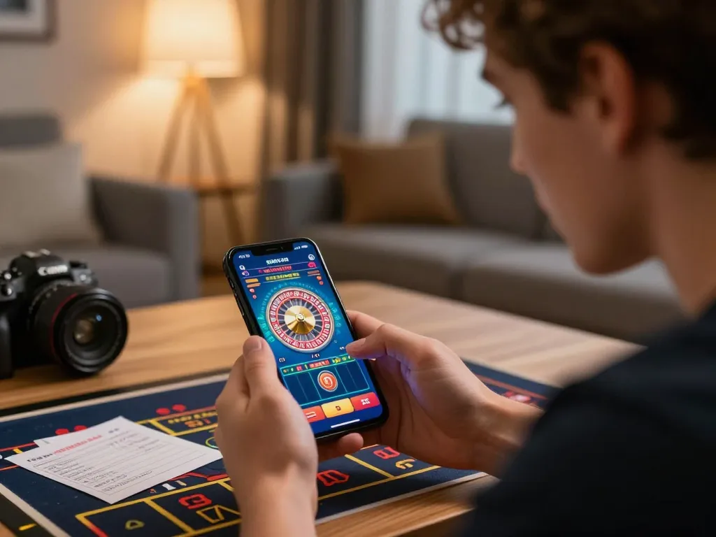 The house of fun79 showcases a player engaged with their mobile casino app during a cozy gaming session.