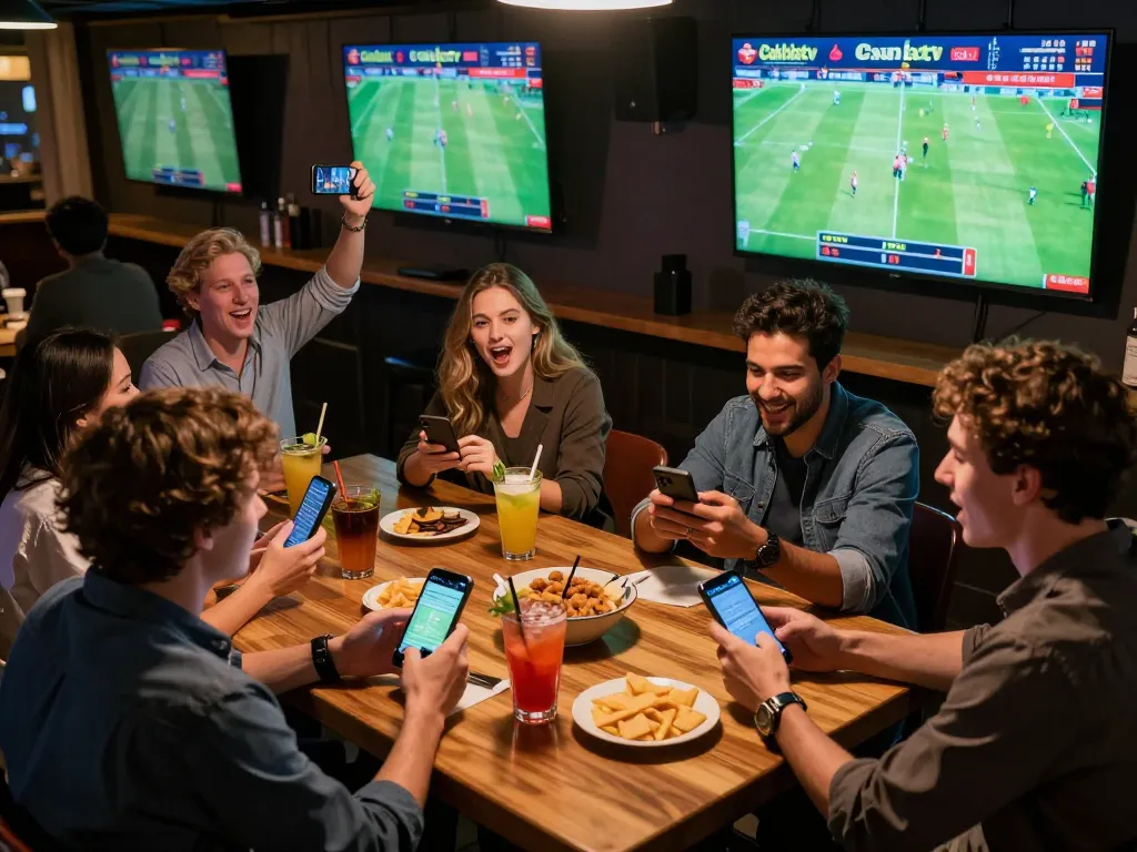 Friends enjoying live sports betting on Cakhiatv while celebrating a football match in a lively sports bar.