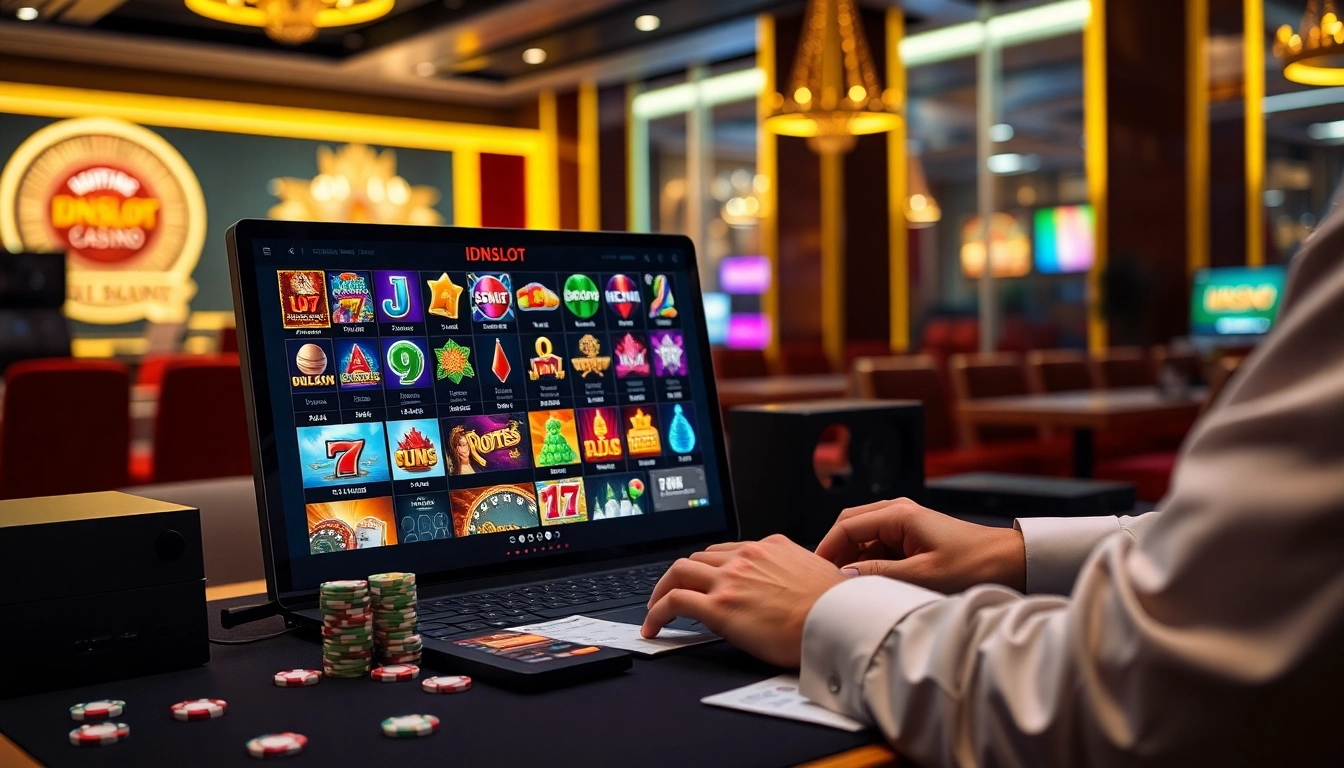Engage with exciting idnslot games on a sleek online interface featuring vibrant casino elements.