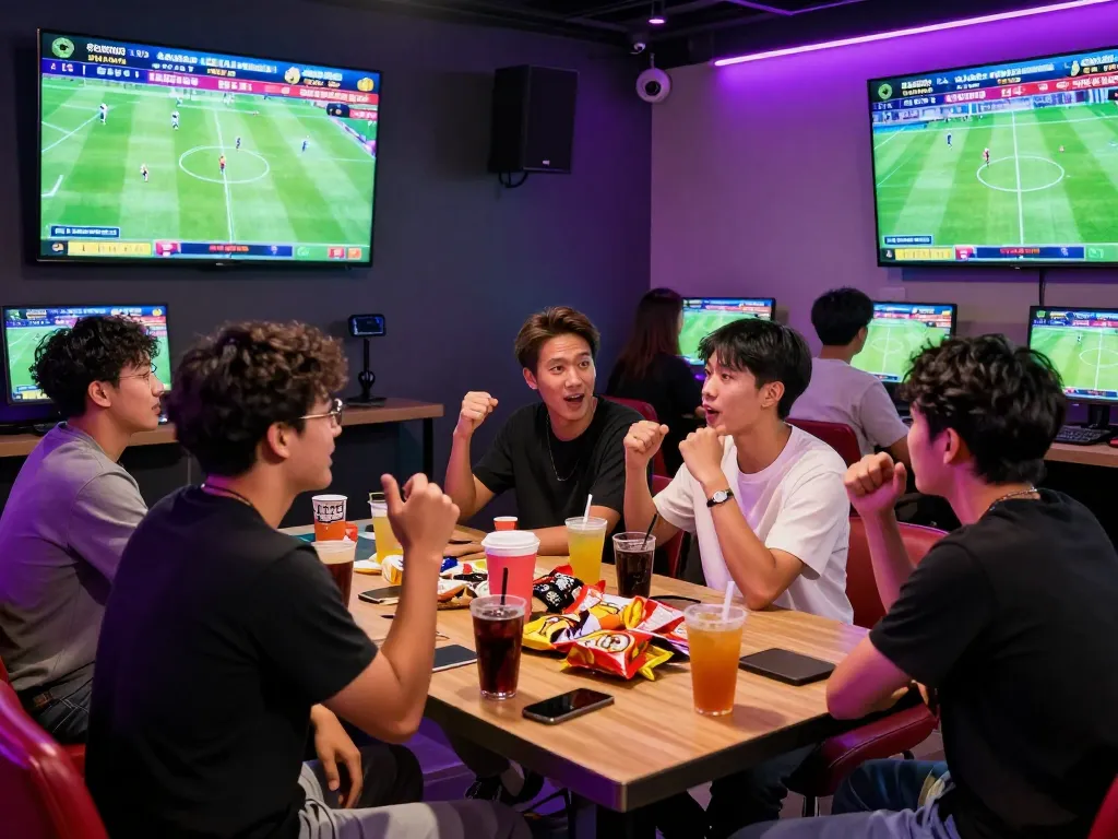 Excited friends monitoring kèo nhà cái in a vibrant betting lounge environment.
