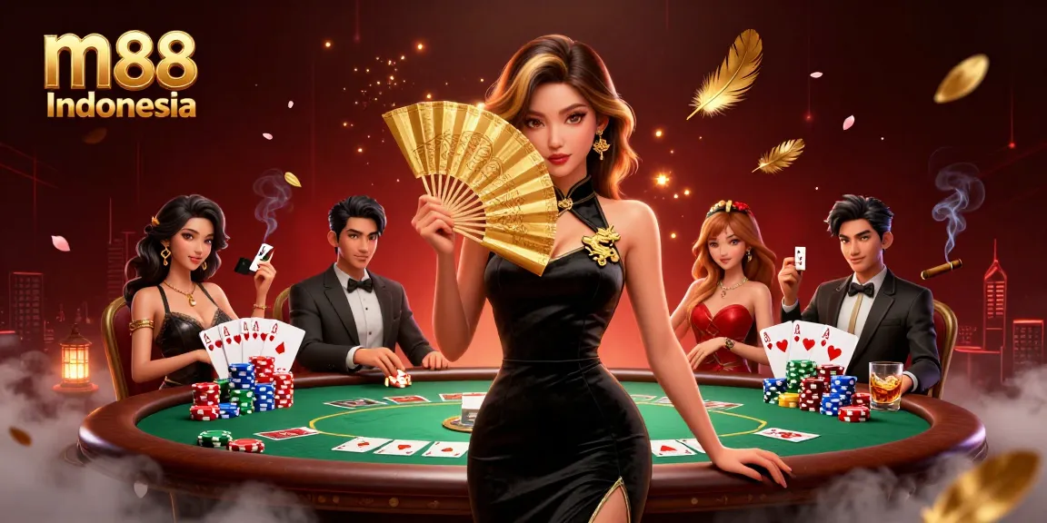 Suasana poker M88 Indonesia dengan seorang wanita Asia yang menakjubkan, chip poker, dan suasana kasino yang meriah.