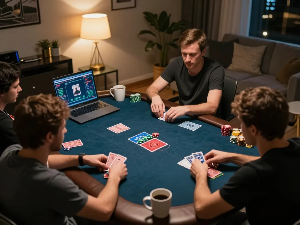 Players engaging in an online poker game featuring 11win strategy, showcasing virtual cards and home comfort.