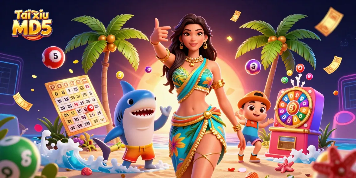 Tài xỉu MD5 game features vibrant characters amidst dynamic lottery elements and golden tickets.