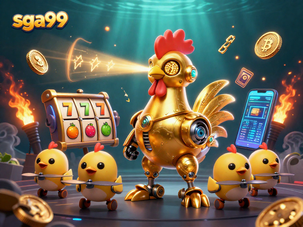 Engage with sga99's thrilling slot action featuring a dynamic golden rooster robot.