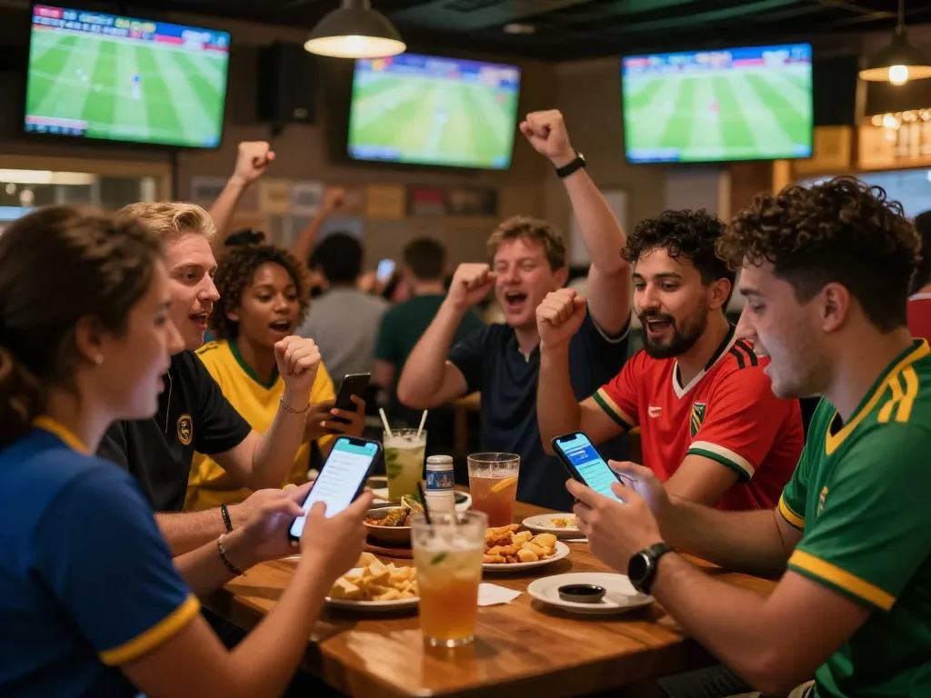 Patrons engaging in sports betting South Africa during a live soccer match, showcasing phones and excitement.