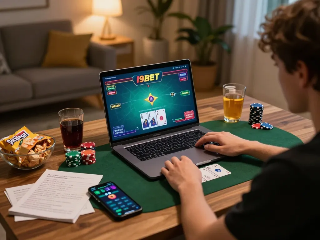 I9BET player enjoying a lively home poker game on a laptop while surrounded by snacks and notes.