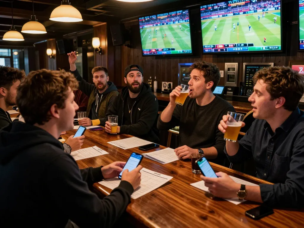 Betting action at tx88 sports bar with patrons cheering and analyzing betting slips.