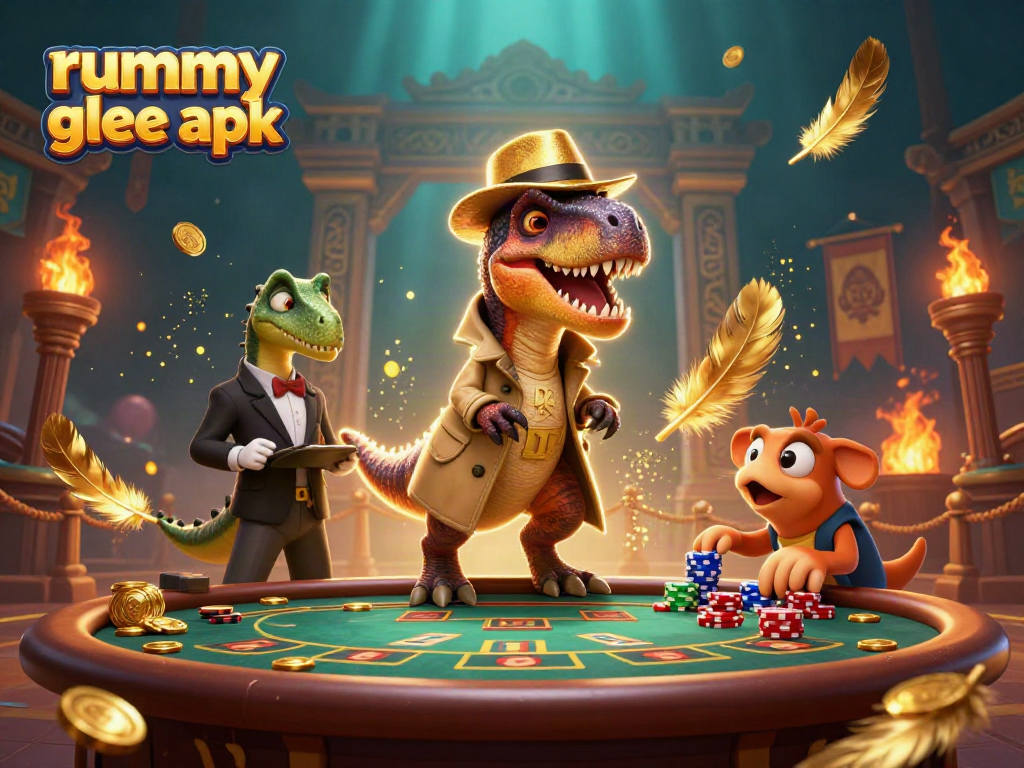 Permainan rummy glee apk menakjubkan dengan karakter dinosaurus di meja blackjack