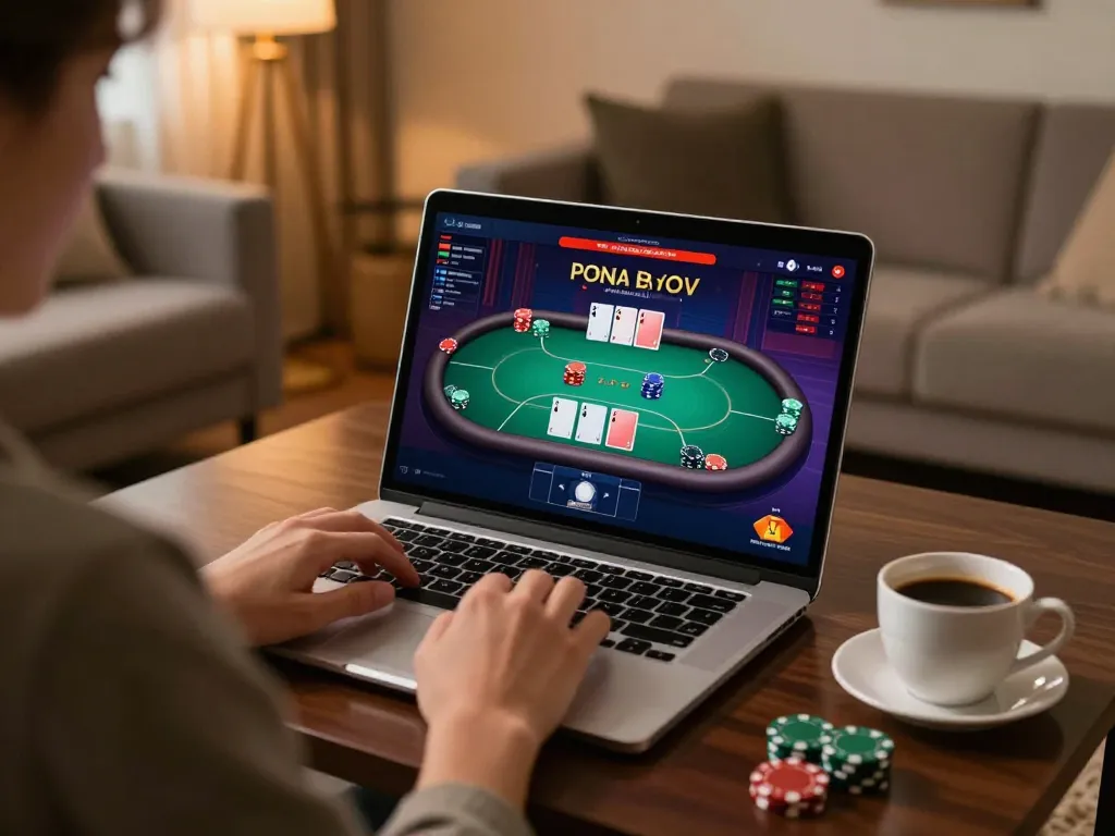 Engaging in an online bk8 poker game with an immersive laptop setup in a cozy environment.