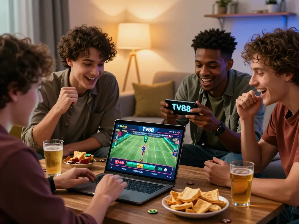Group enjoying online betting on tv88 platform in cozy living room